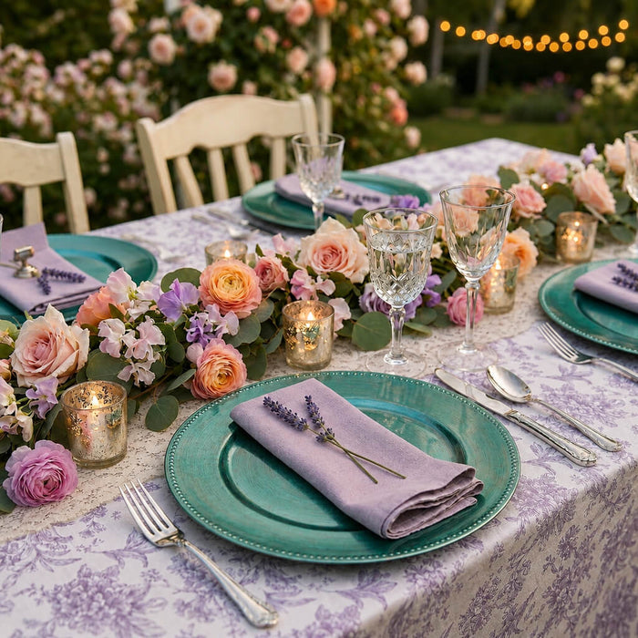 Aqua Blue Charger plate on a floral outdoor dining table