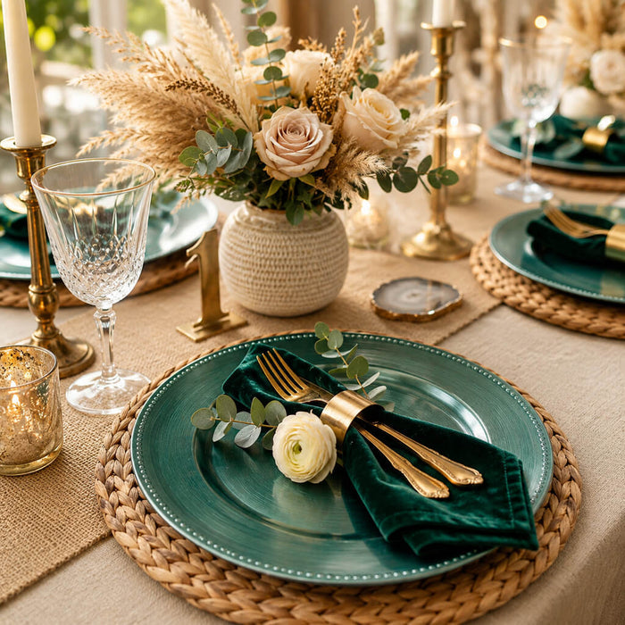 Aqua Blue Charger plate on a table with floral decor