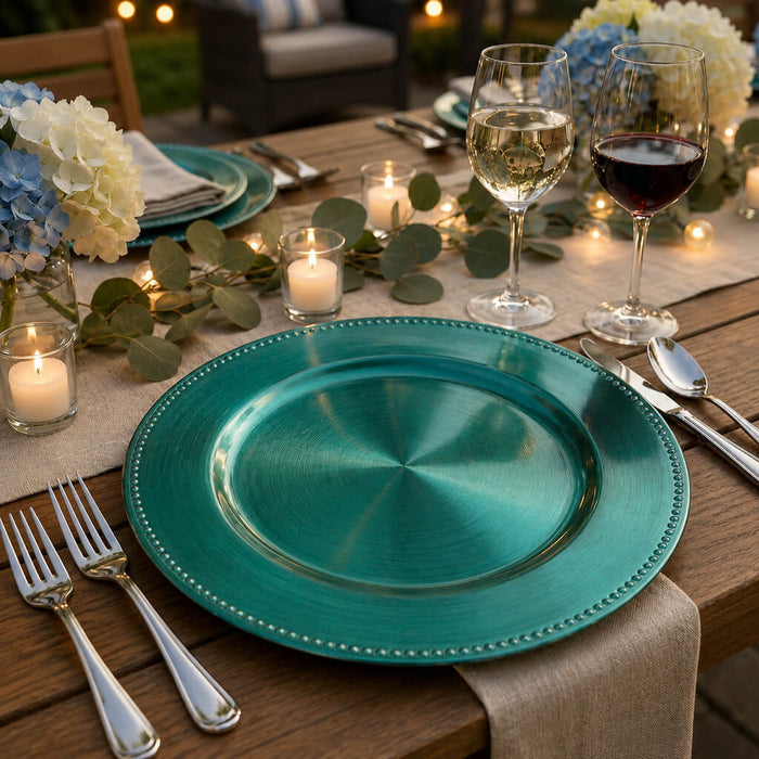 Aqua Blue charger plate on a garden party table