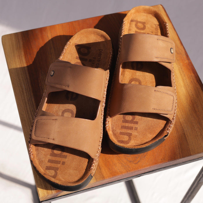 Riviera: Camel Nubuck Strapless Sandal
