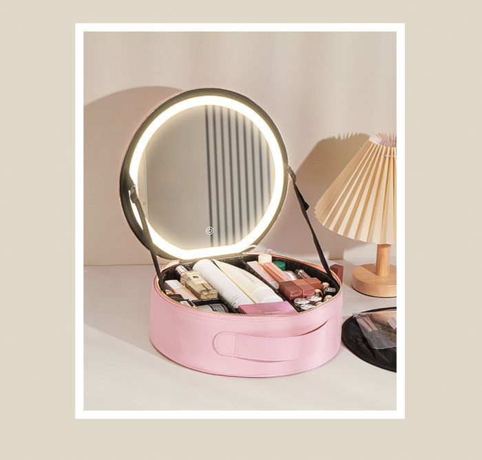 Round Mirror And Light Rechargeable Makeup Bag