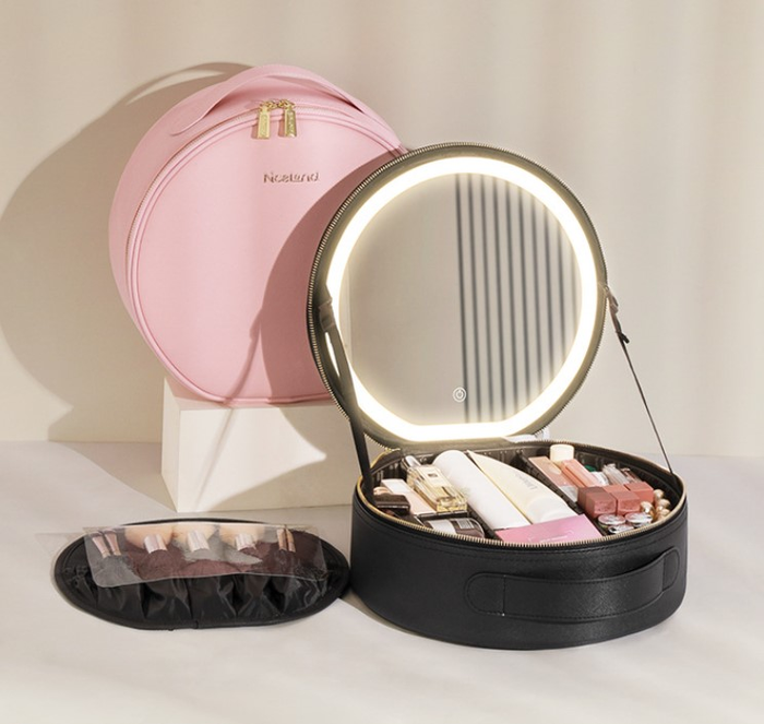 Round Mirror And Light Rechargeable Makeup Bag