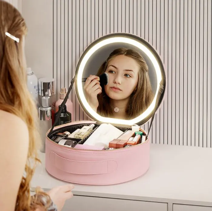 Round Mirror And Light Rechargeable Makeup Bag