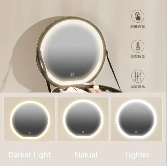 Round Mirror And Light Rechargeable Makeup Bag