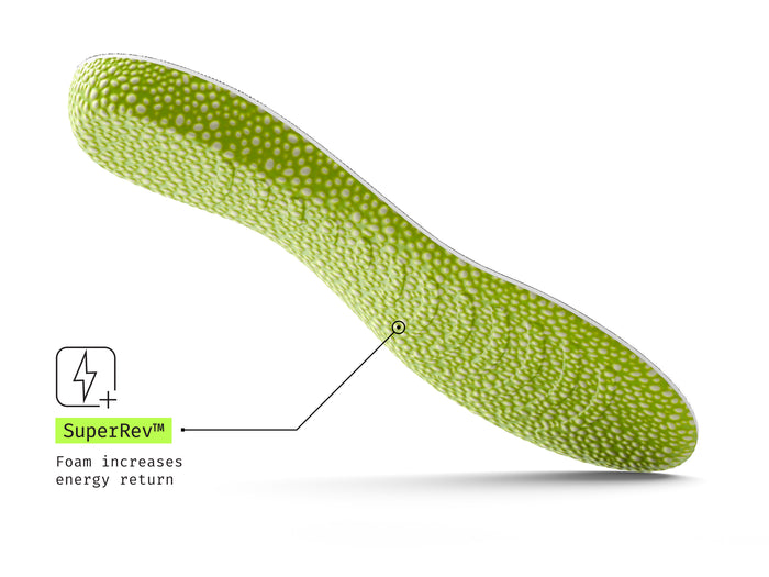 Superfeet's Run Pacer Insole against a white background. Text reads "SuperRev Foam increases energy return"