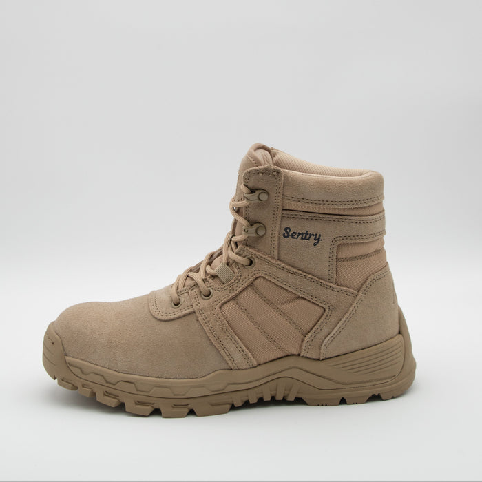 Tan boot with 'Sentry' branding on a white background