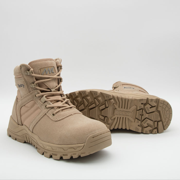 Tan tactical boots on a white background