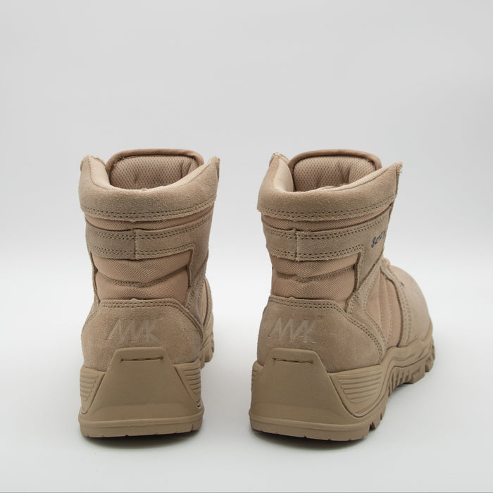 Pair of tan boots on a white background looking at the rear