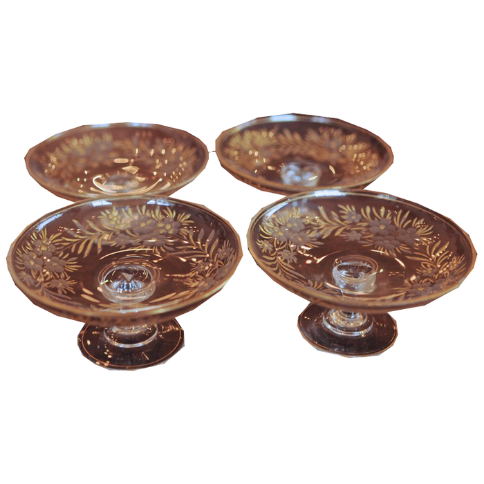 Set of 2 Etched Glass & Enamel Footed Butter Pats.