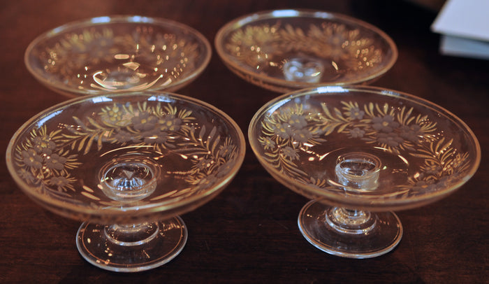 Set of 2 Etched Glass & Enamel Footed Butter Pats.