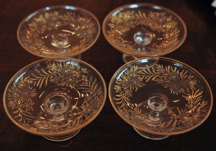 Set of 2 Etched Glass & Enamel Footed Butter Pats.