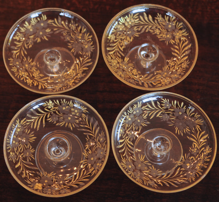 Set of 2 Etched Glass & Enamel Footed Butter Pats.