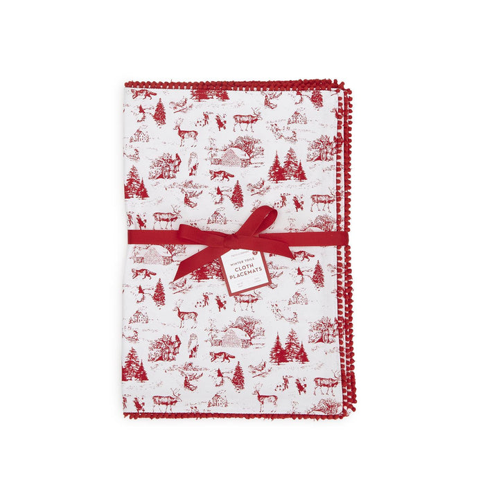 Set of 4 Winter Toile Placemats with Pom Pom Trim.