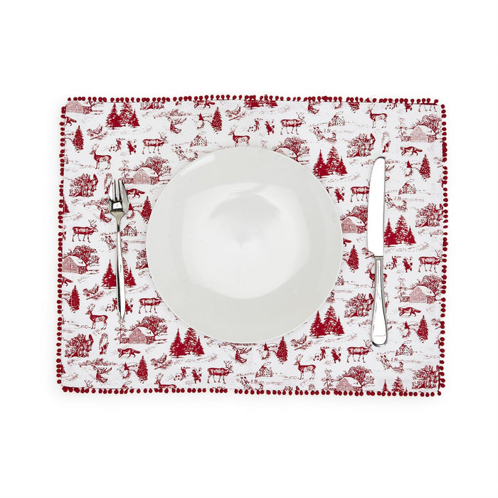 Set of 4 Winter Toile Placemats with Pom Pom Trim.