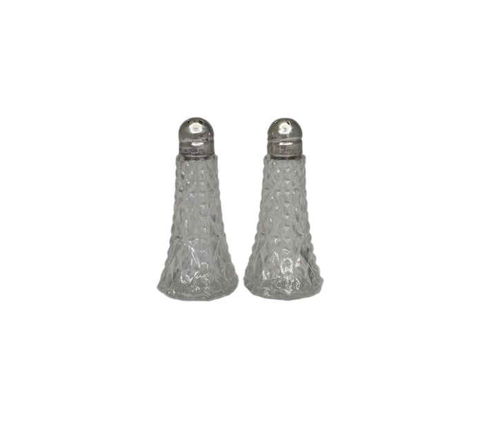 Set of Two Glass and Sterling Silver Salt and Pepper Shakers.