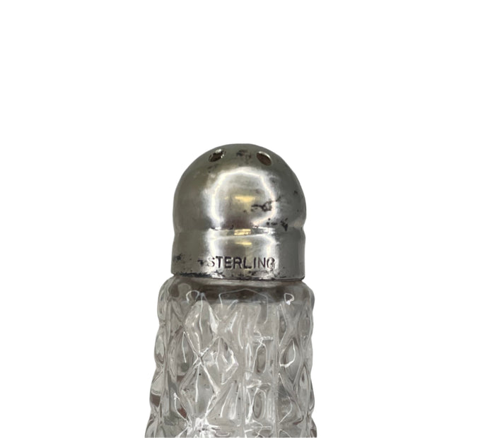 Set of Two Glass and Sterling Silver Salt and Pepper Shakers.