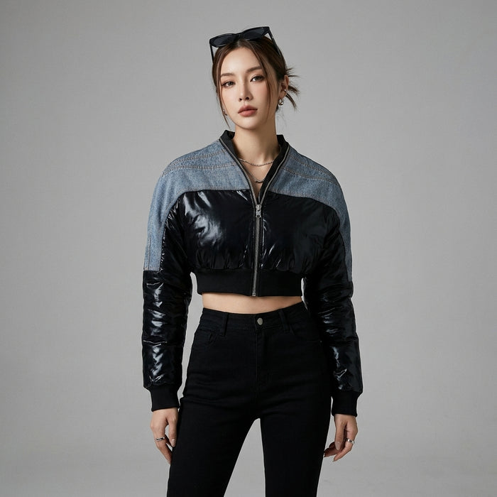 Veste courte en denim noir col V femme - Koreanxwear - Taille S