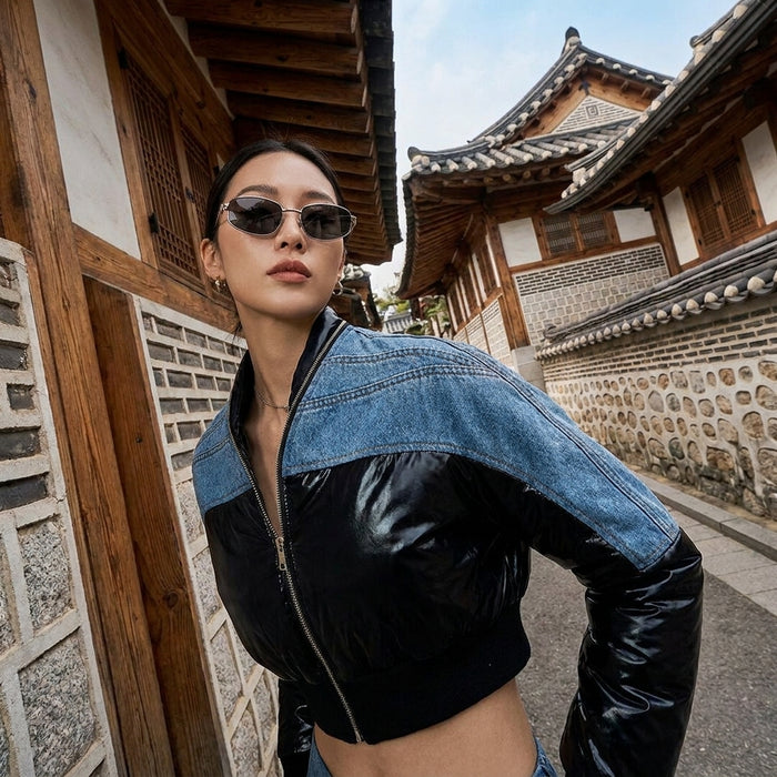 Veste courte en denim noir col V femme - Koreanxwear