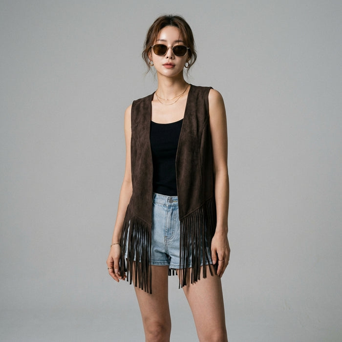 Gilet court à franges marron foncé - Mode K-fashion femme - Taille S