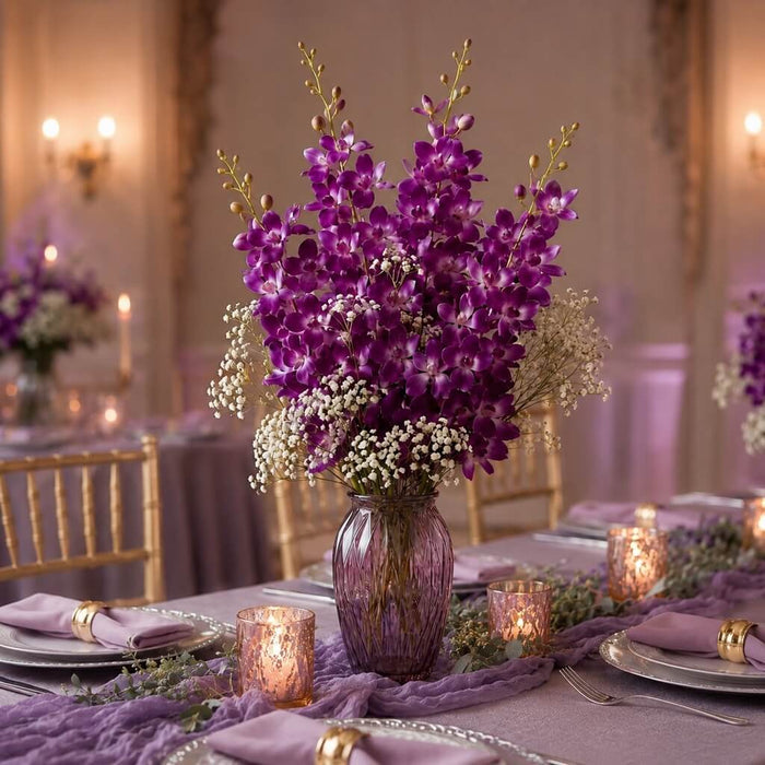 Silk Vanda Orchid Spray Lavender 28" in a purple vase on a wedding table setup