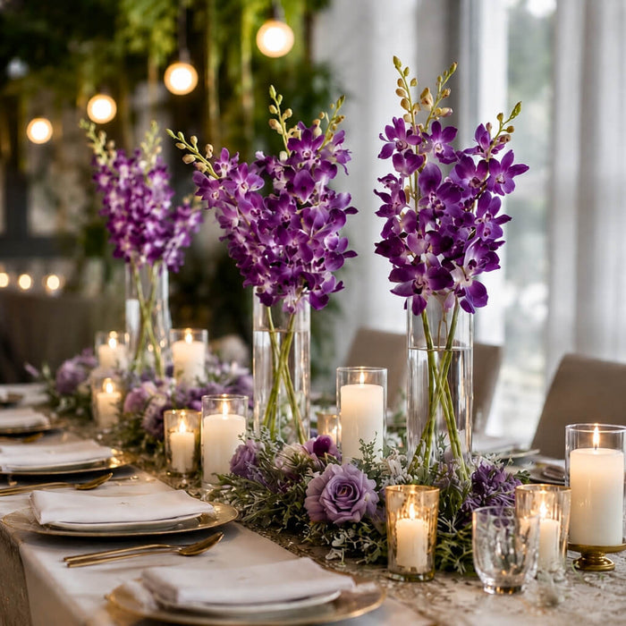 Purple silk vanda orchid sprays in tall glass cylinder vases on a candlelit dinner table