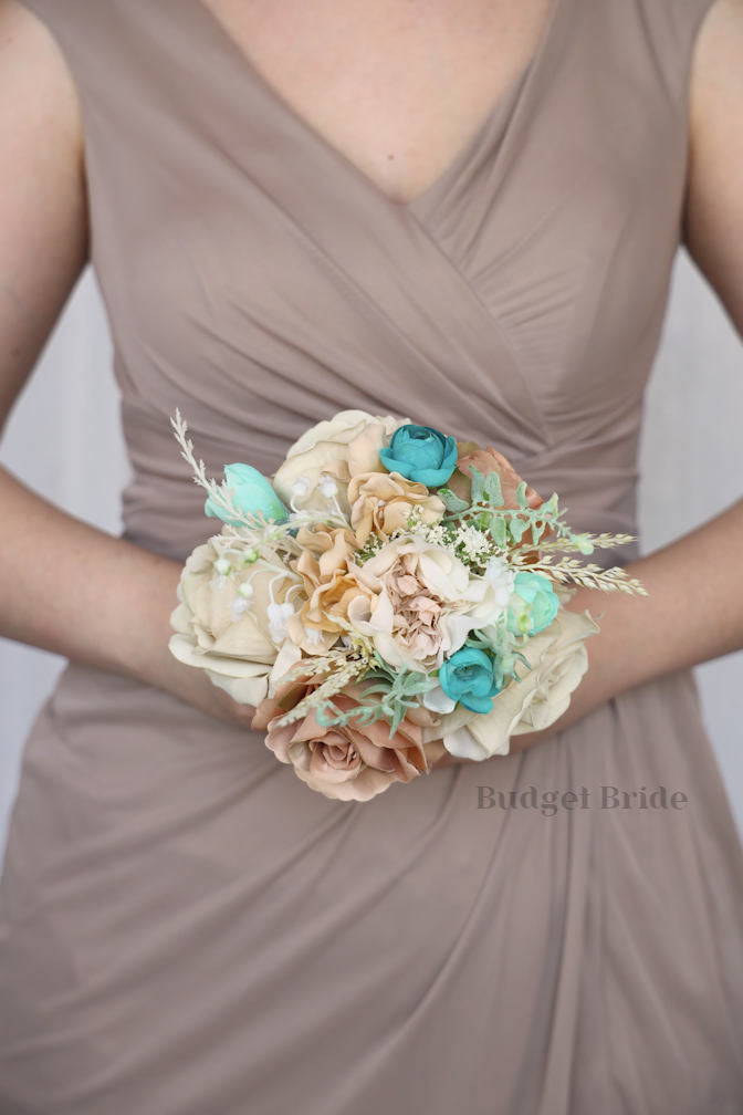 Silk Wedding Bouquet in Beige and Teal - $195.00 | Kehlani Collection