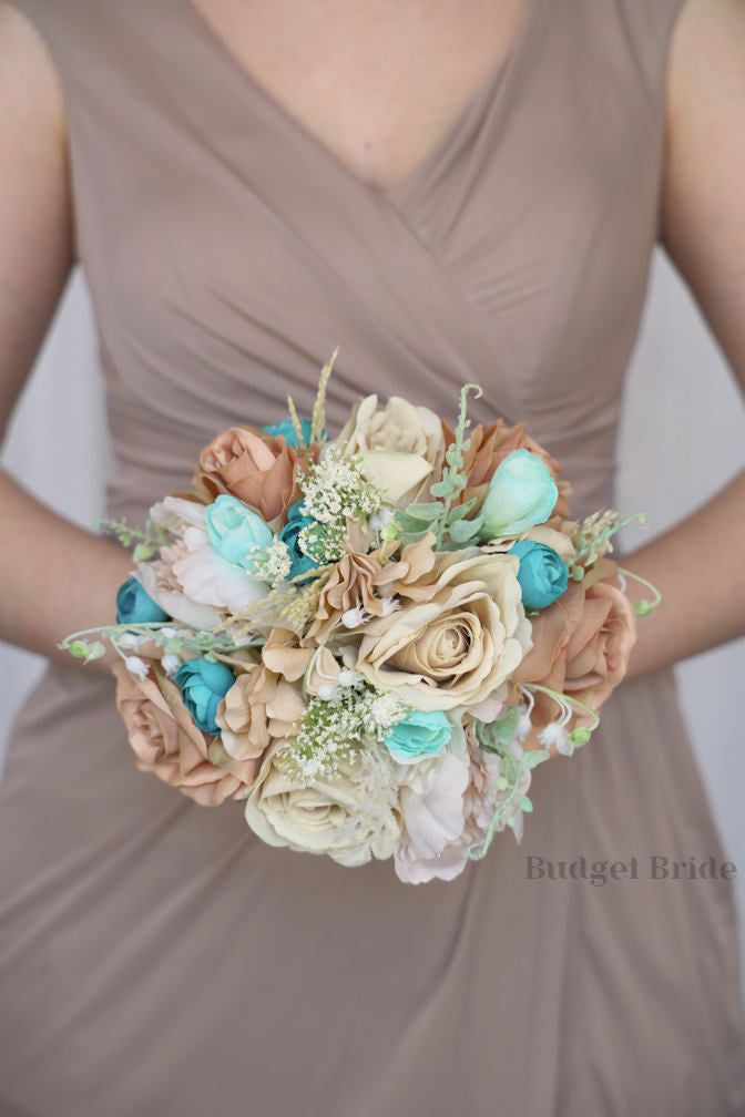 Silk Wedding Bouquet in Beige and Teal - $65.00 | Kehlani Collection