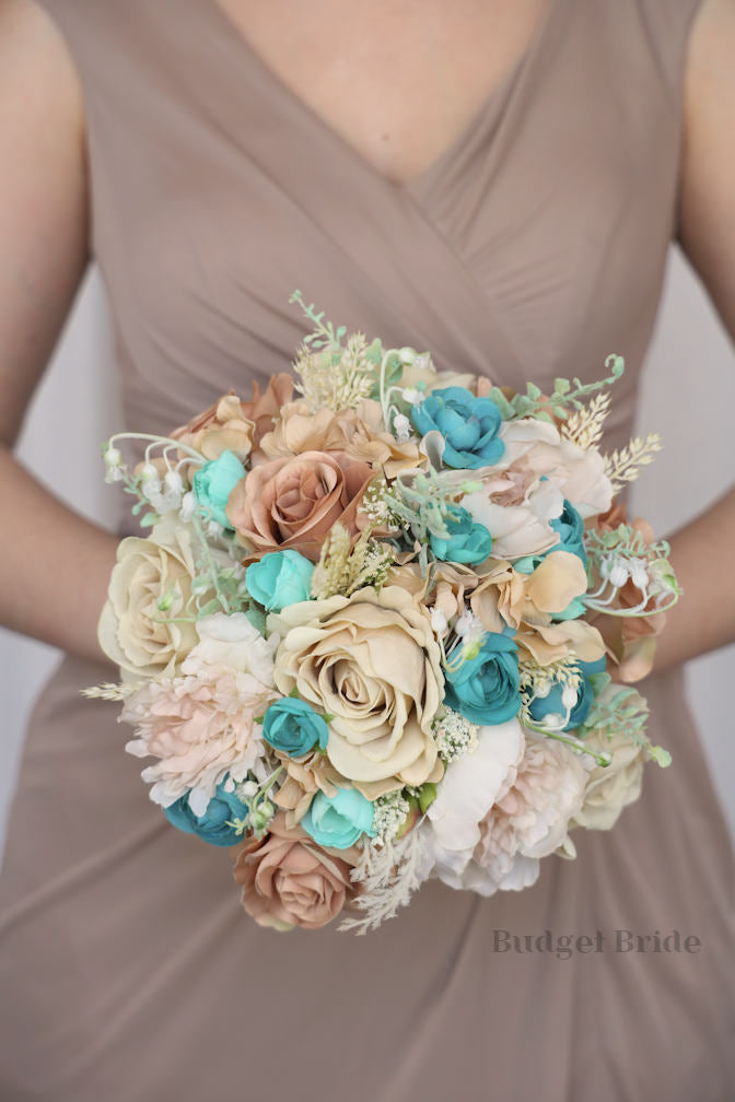 Silk Wedding Bouquet in Beige and Teal - $65.00 | Kehlani Collection