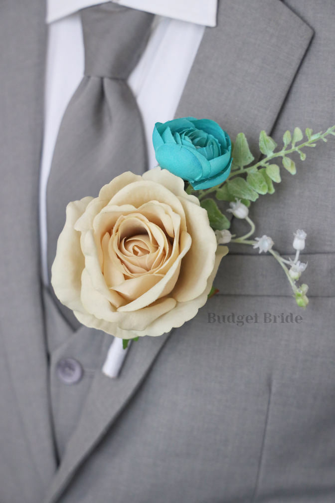 Silk Wedding Bouquet in Beige and Teal - $65.00 | Kehlani Collection