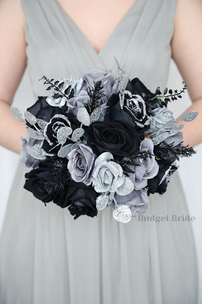 Silk Wedding Bouquet in Black and Silver - $195.00 | Amara Collection