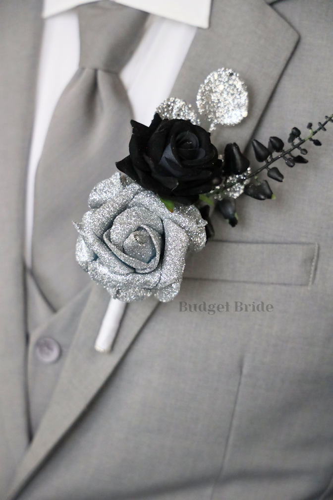 Silk Wedding Bouquet in Black and Silver - $195.00 | Amara Collection