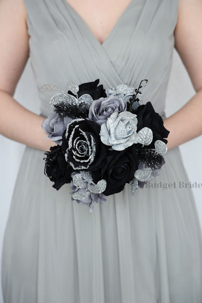 Silk Wedding Bouquet in Black and Silver - $75.00 | Amara Collection