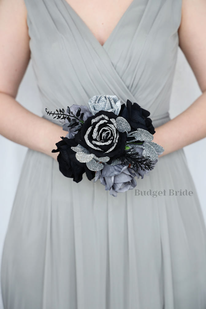 Silk Wedding Bouquet in Black and Silver - $75.00 | Amara Collection