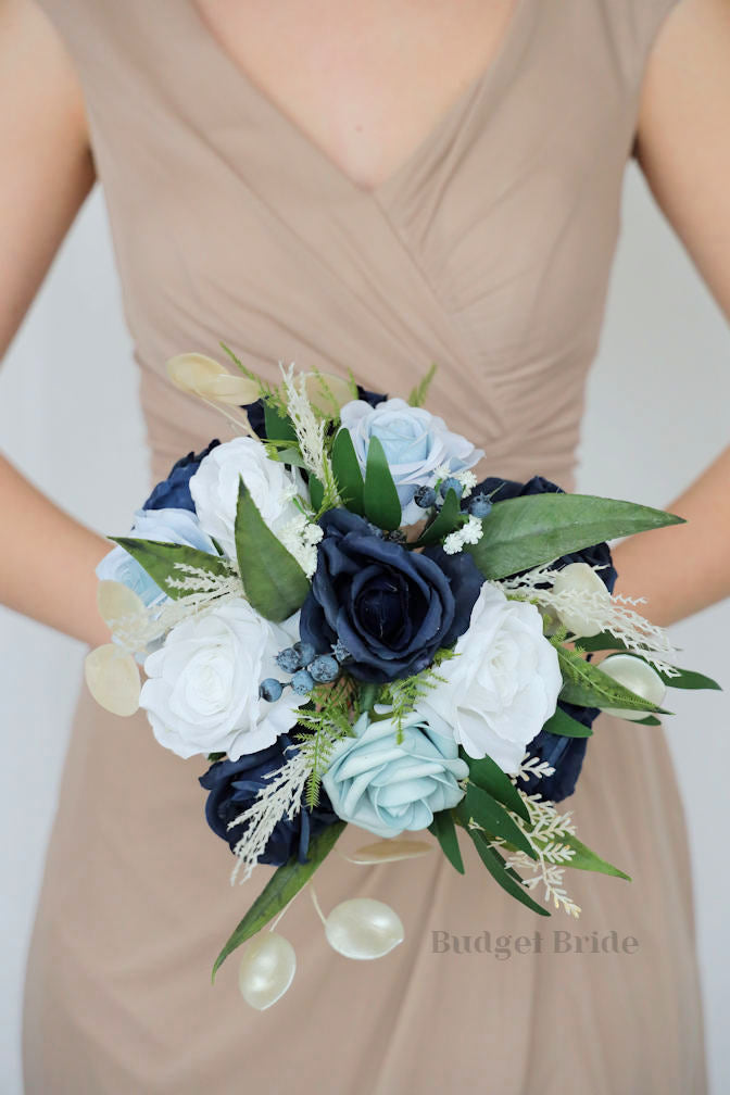 Silk Wedding Bouquet in Blue and Gold - $170.00 | Soren Collection