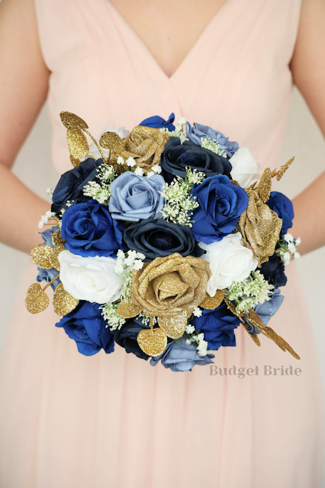 Ink blue, navy blue, royal blue and gold glitter roses with babies breath wedding flower brides bouquet with roses and peonies