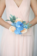 Silk Wedding Bouquet in Peach and Blue - $39.50 | Nectarine Collection