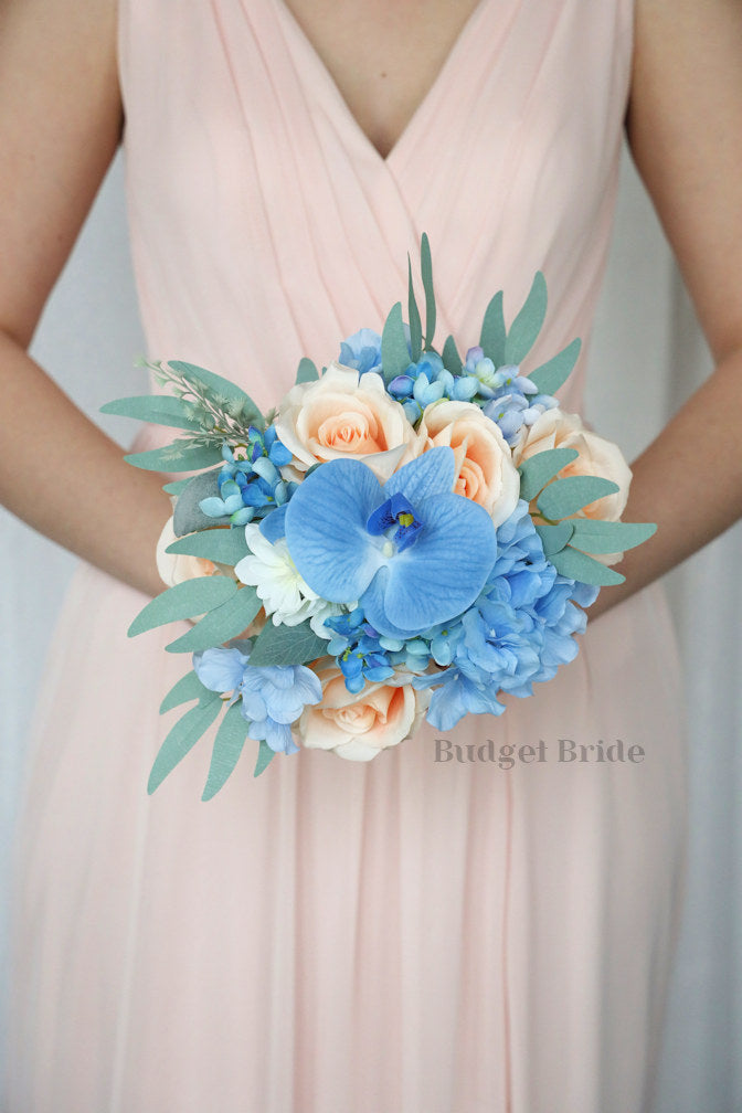 Silk Wedding Bouquet in Peach and Blue - $39.50 | Nectarine Collection