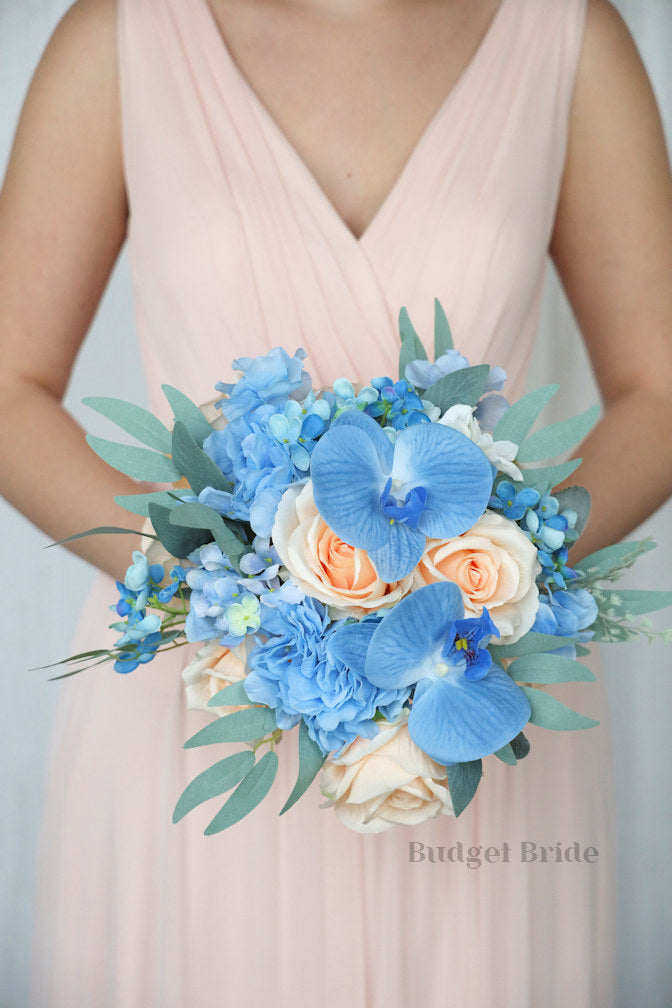 Silk Wedding Bouquet in Peach and Blue - $58.50 | Nectarine Collection