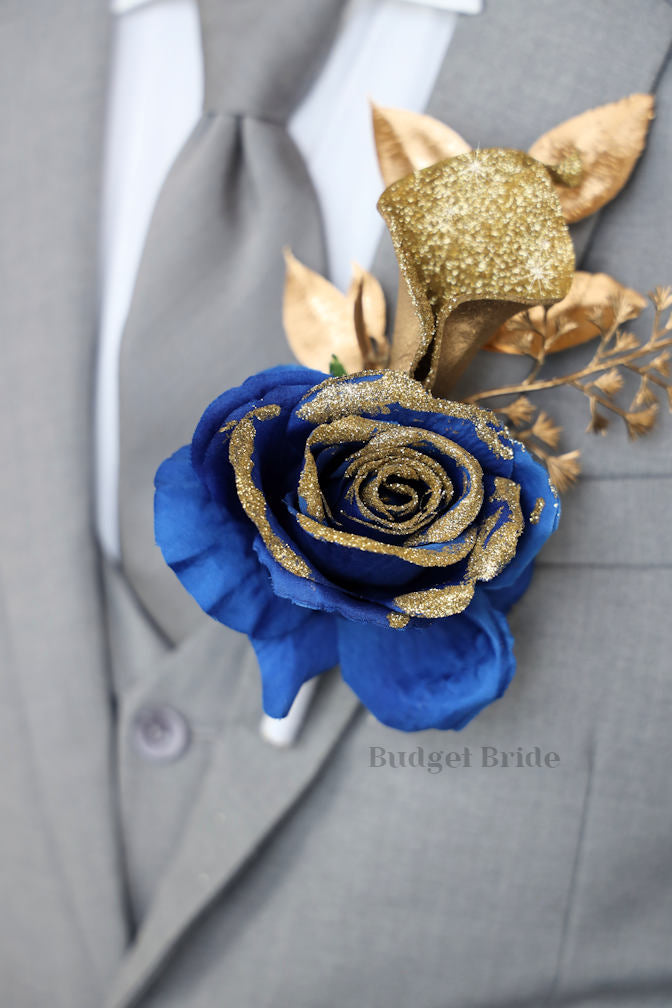 Silk Wedding Bouquet in Royal Blue and Gold - $195.00 | Brooklyn Collection
