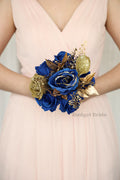 Silk Wedding Bouquet in Royal Blue and Gold - $50.00 | Brooklyn Collection