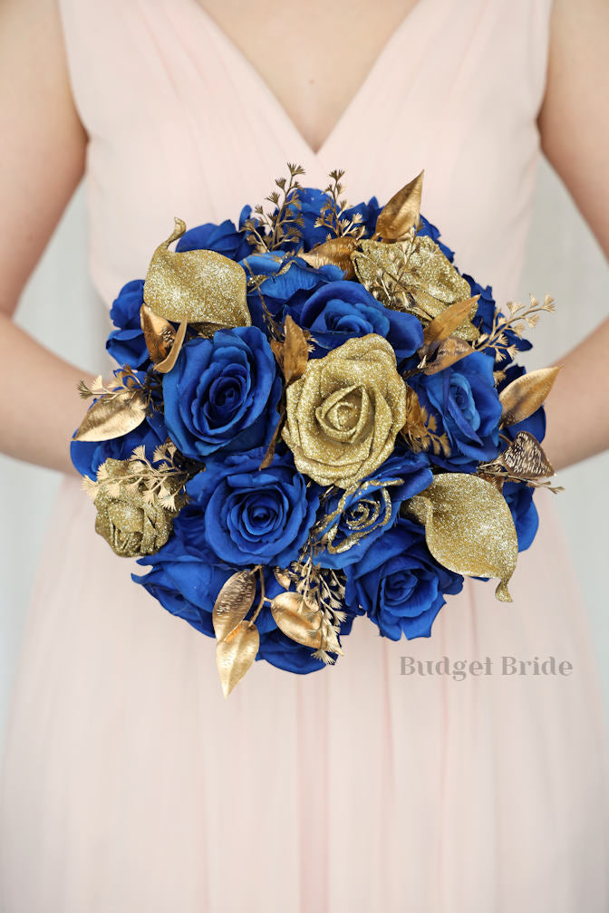 Silk Wedding Bouquet in Royal Blue and Gold - $50.00 | Brooklyn Collection