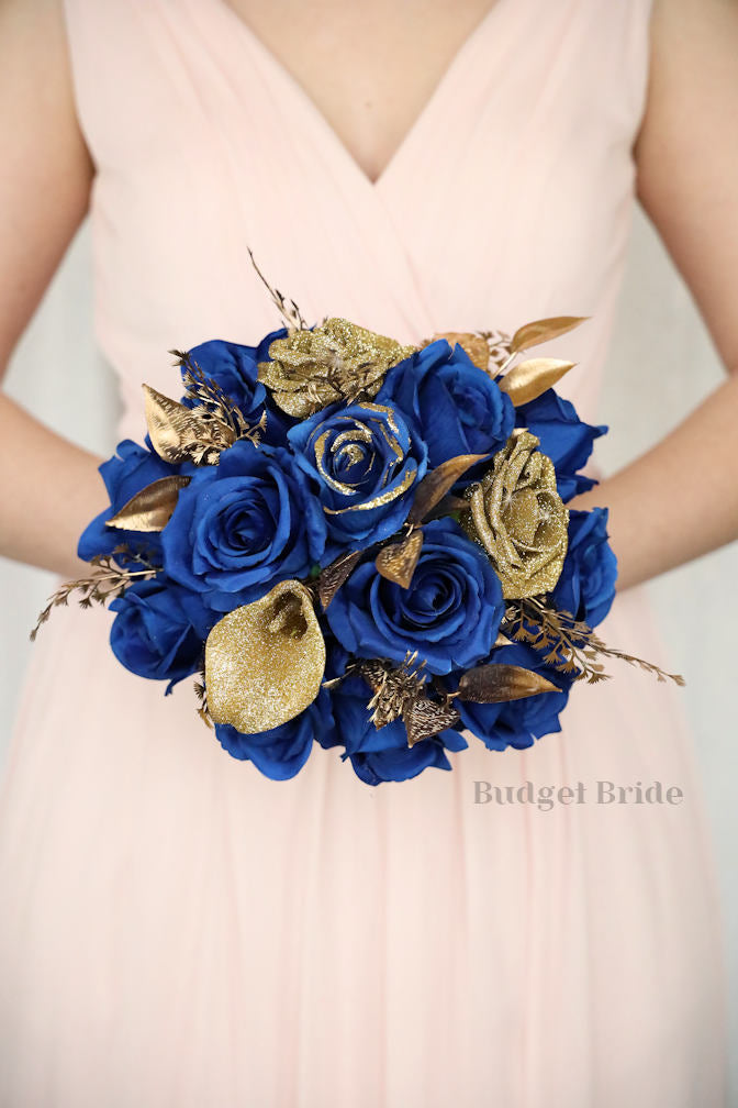 Silk Wedding Bouquet in Royal Blue and Gold - $50.00 | Brooklyn Collection