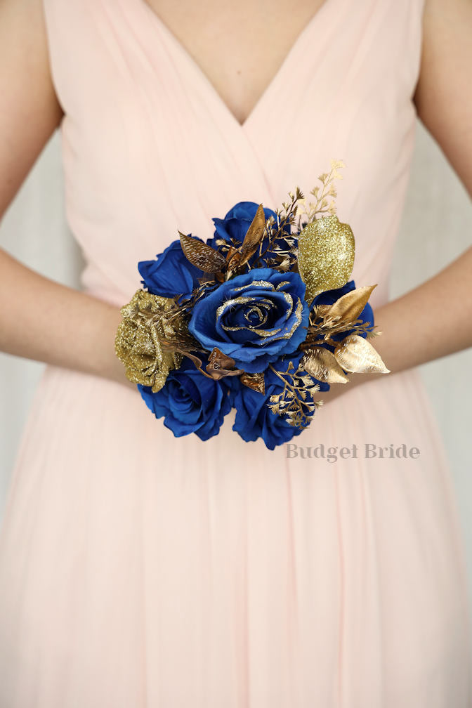 Silk Wedding Bouquet in Royal Blue and Gold - $50.00 | Brooklyn Collection