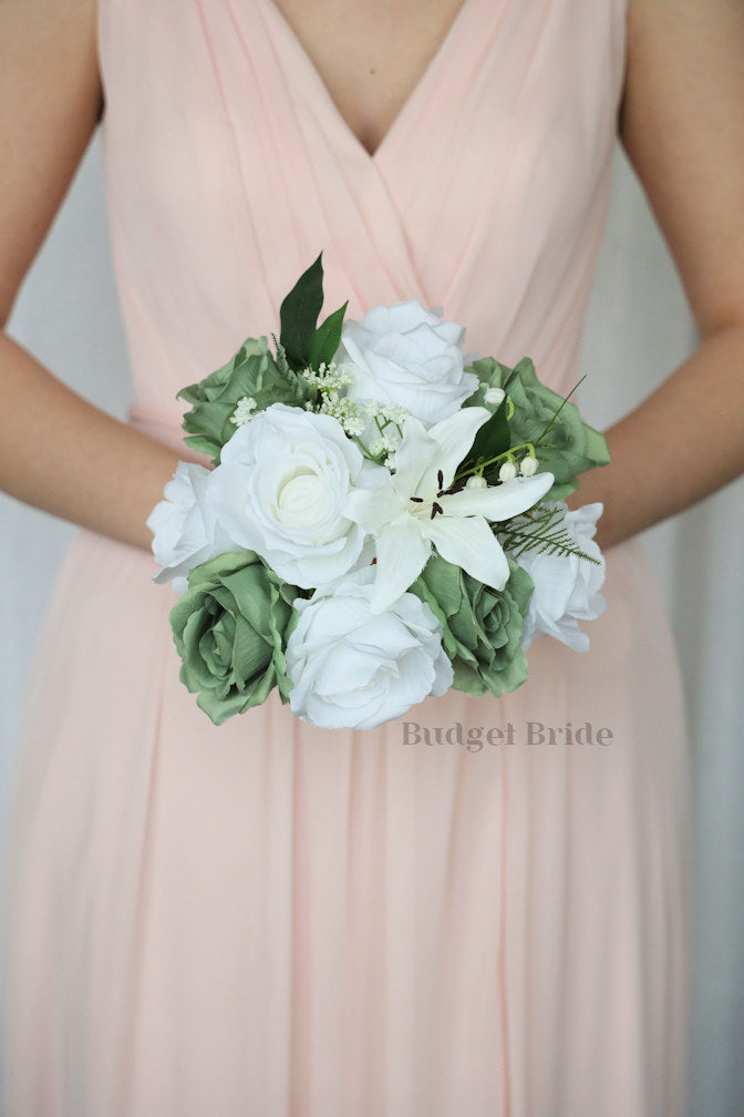 Silk Wedding Bouquet with White Lilies - $65.00 | Saturn Collection
