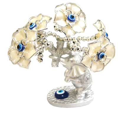Silver colored Evil Eye Bonsai tree with Elephants and White Flowers Model D-621