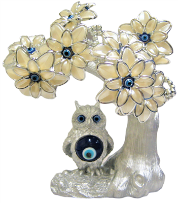 Silver colored Evil Eye Bonsai tree with Owl and White Flowers Model M-09
