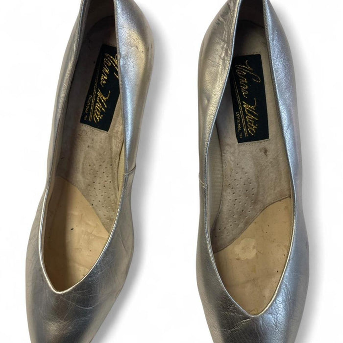 Silver metallic leather kitten heels
