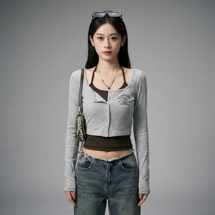 Crop Top manches longues slim fit gris - K-fashion femme - Taille S
