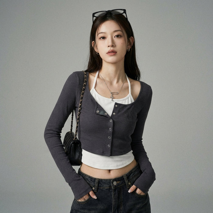 Crop Top manches longues slim fit gris - K-fashion femme - Taille S