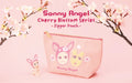 Sonny Angel Cherry Blossom Hanami Pouch featuring cartoon characters and a toy figurine, inspired by Japanese hanami, with sagara stitching and a charm zipper pull.